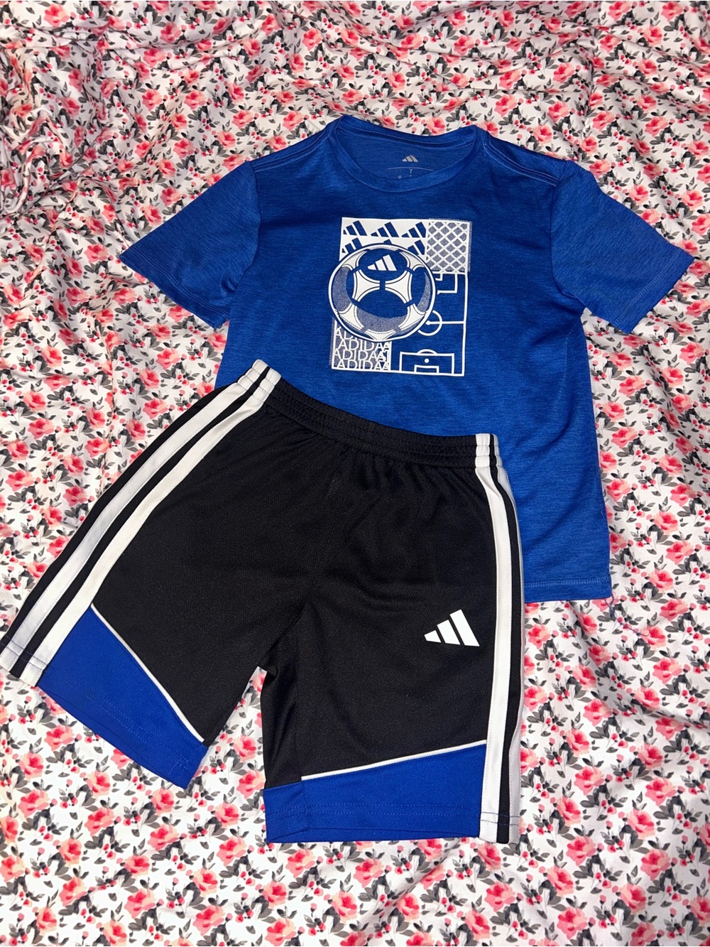 adidas Blue Soccer Graphic Tee with Black & Blue Athletic Shorts